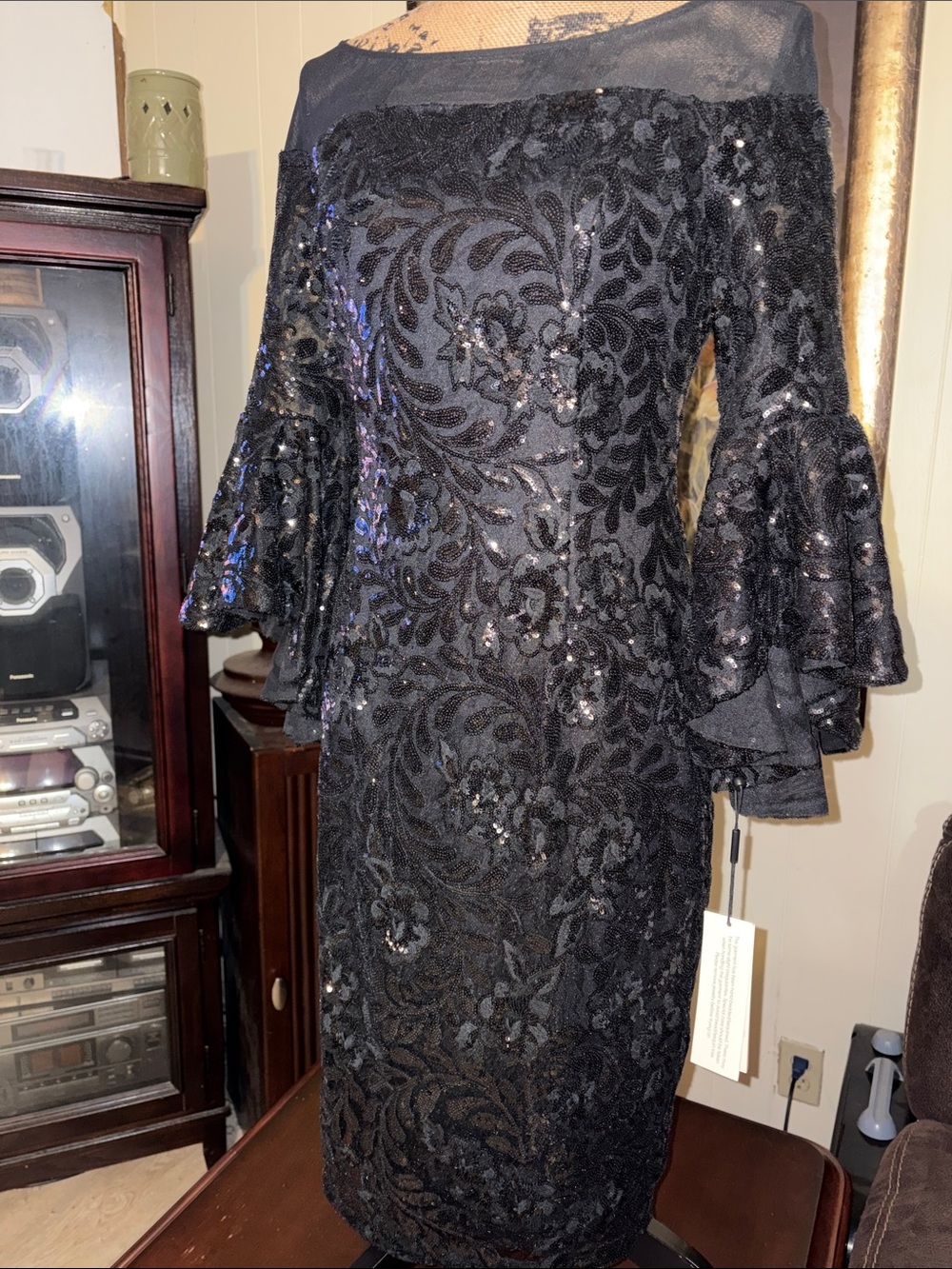 Calvin Klein Black Sequin Lace Bell-Sleeve Dress